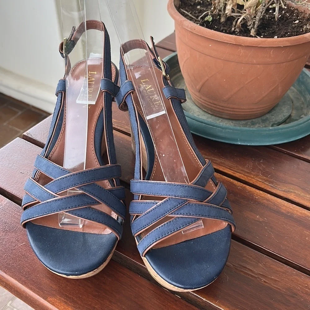 Lauren Ralph Lauren QUAYLIN Navy Blue Peep Toe Cork Wedge Heel Shoes 7 - Picture 4 of 10